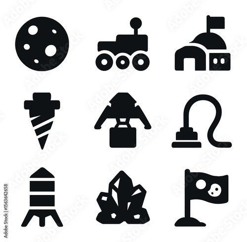Planetary Resource Icons. Solid, filled icons set of planetary resource harvesting: small moon, surface rover,