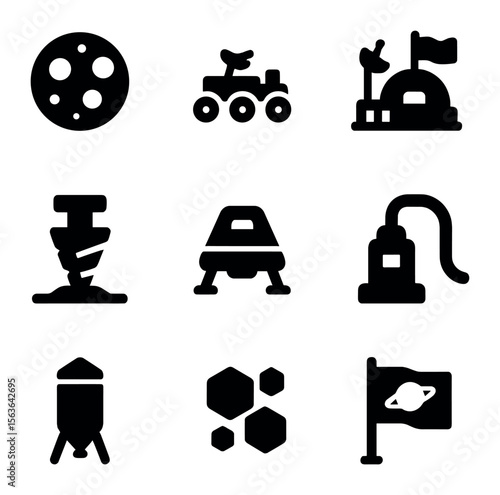 Planetary Resource Icons. Solid, filled icons set of planetary resource harvesting: small moon, surface rover,