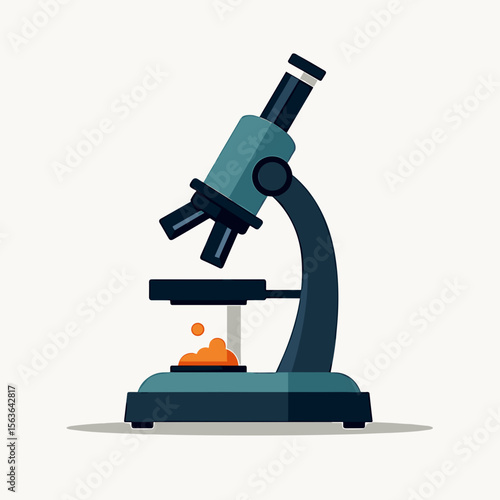 Illustration of a Blue Microscope with Orange Sample, Science and Research Equipment for Laboratory