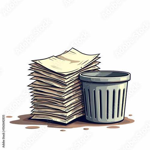 Stack of Paper Next to a Trash Can Illustration Depicting Waste and Discarded Documents