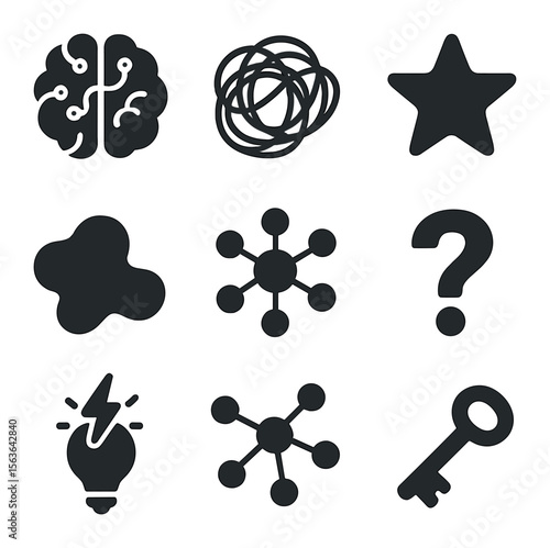 Creative Thinking Icons. Solid, filled icons set of creative thinking symbols: brain circuit, doodle icon,