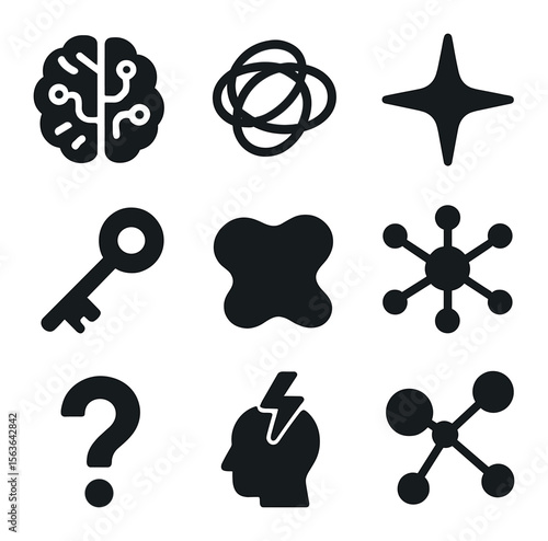 Creative Thinking Icons. Solid, filled icons set of creative thinking symbols: brain circuit, doodle icon,