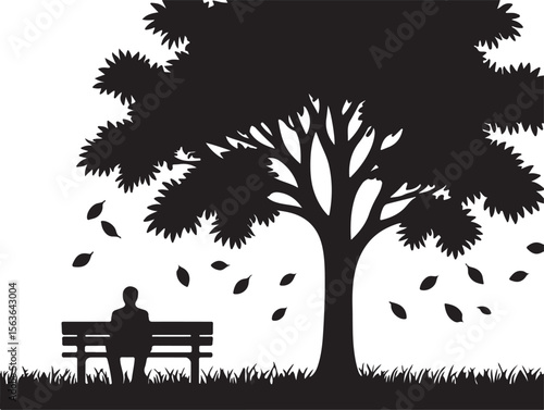 Person sitting on bench under tree with falling leaves