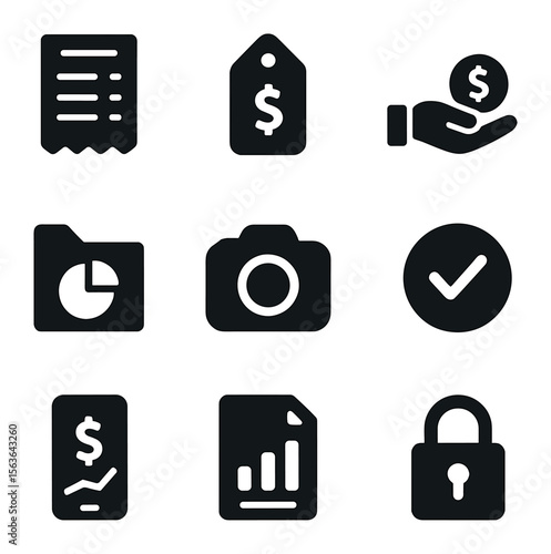 Expense Icons Grid. Solid, filled icons set of expense and receipt management: scanned receipt, expense tag,