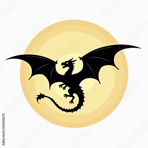 Black Silhouette Dragon Soaring in Front of a Full Moon, Fantasy Vector Illustration