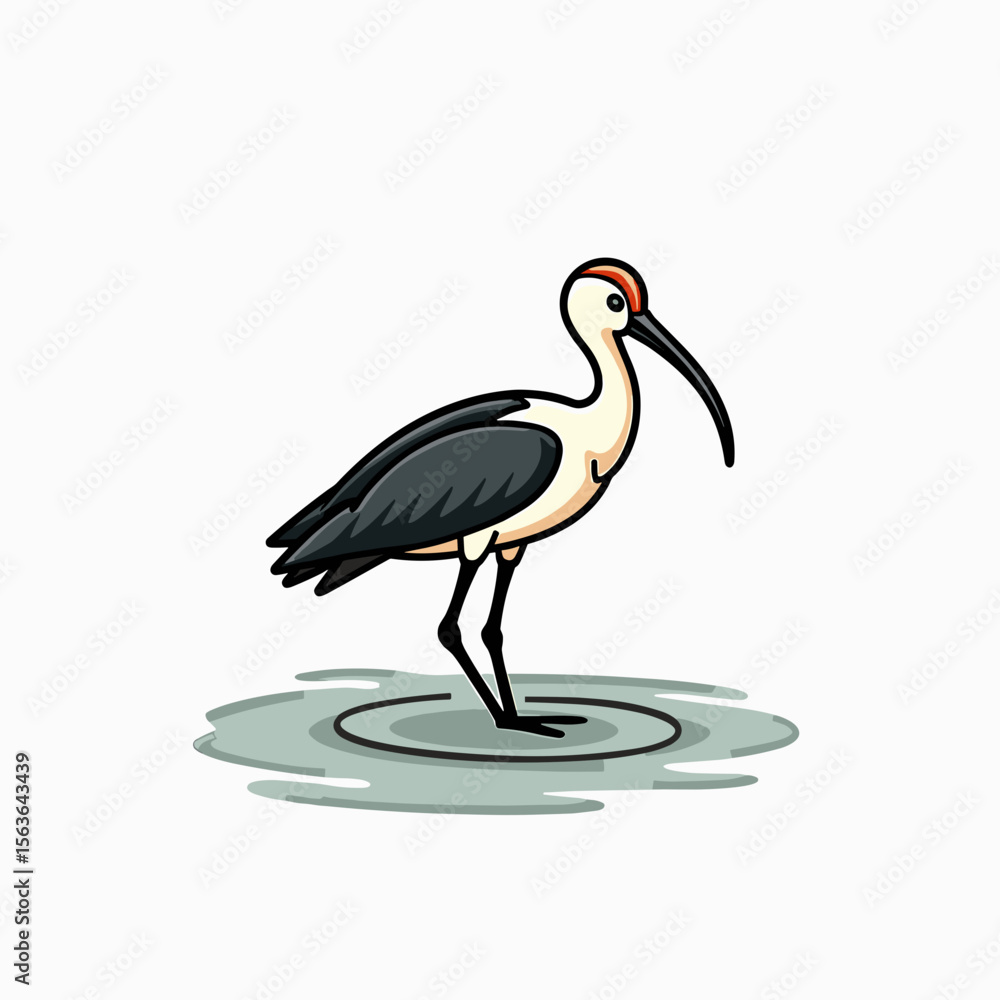 Obraz premium Cartoon Illustration of a White-faced Ibis Standing in Shallow Water, Detailed Bird Artwork
