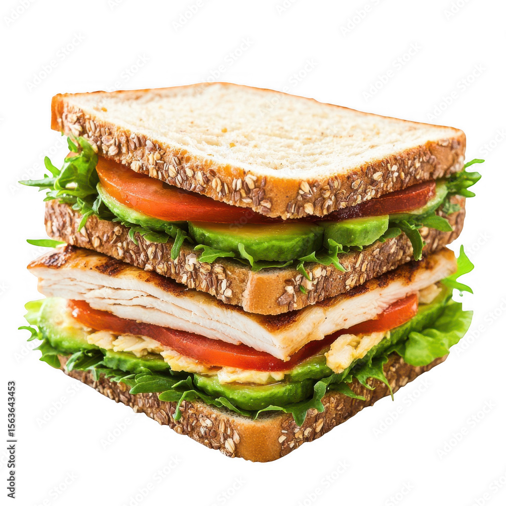 Deliciously layered chicken sandwich with fresh vegetables and whole grain bread isolated on transparent background Deliciously layered chicken sandwich with fresh vegetables and whole grain bread isolated on transparent background