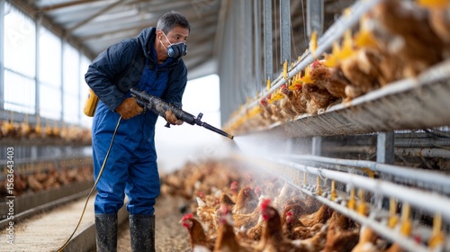 Wallpaper Mural Middle-aged man in blue coveralls uses a high-pressure spray gun to clean chicken troughs outside a large coop rack, standing on a wet floor with practical black boots.  Torontodigital.ca