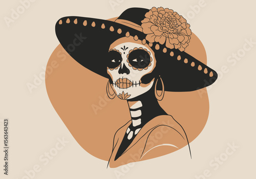 Elegant portrait of a woman with modern La Catrina sugar skull makeup.