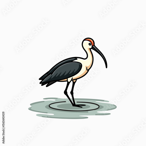 Cartoon Illustration of a White-faced Ibis Standing in Shallow Water, Detailed Bird Artwork