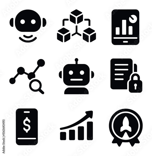 Fintech Innovation Icons. Solid, filled icons set of fintech innovation for SMEs: AI assistant, blockchain