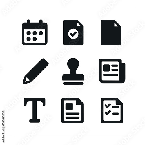 Editorial Workflow Icons. Solid, filled icons set of editorial workflow icons: content calendar, pitch