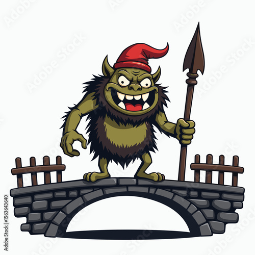 Cartoon Troll Guarding a Stone Bridge with a Spear, Red Hat, and Menacing Expression Illustration