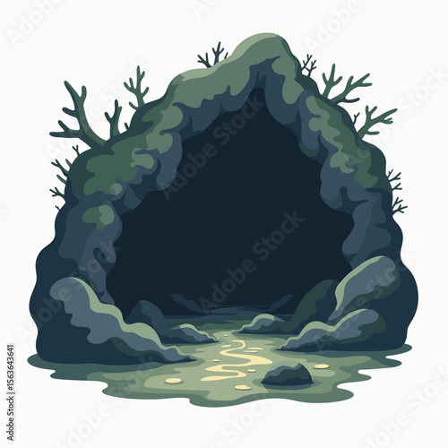 Illustration of a Dark Cave Entrance with Moss and Water Puddle, Fantasy Landscape Scene