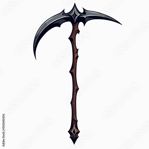 Cartoon Illustration of a Grim Reaper's Scythe with a Dark Wooden Handle and Sharp Steel Blade