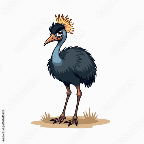 Cartoon Illustration of a Grumpy Cassowary Bird with Golden Crest Standing on Grass