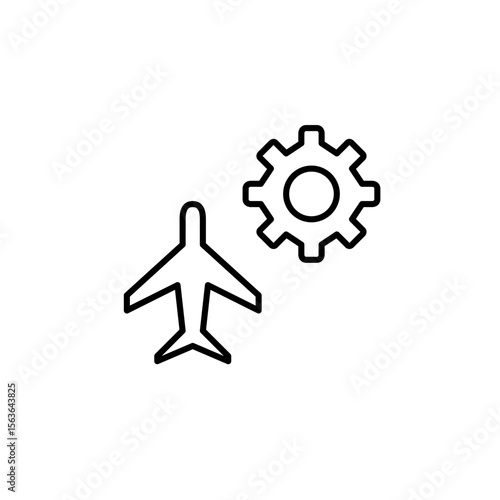 Airplane and cogwheel. Aviation settings, flight system optimization, aircraft engineering, technical flight control, onboard system configuration. Pixel perfect, editable stroke vector icon