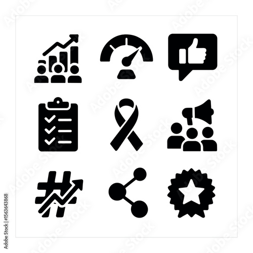 Media Impact Icons. Solid, filled icons set of media impact and engagement: audience chart, influence meter,