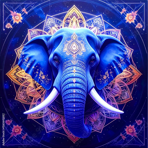 Elephant illustration in lai rod nam style thailand digital art black lacquer background detailed view traditional thai decorative art