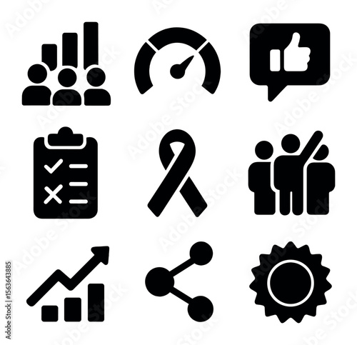 Media Impact Icons. Solid, filled icons set of media impact and engagement: audience chart, influence meter,