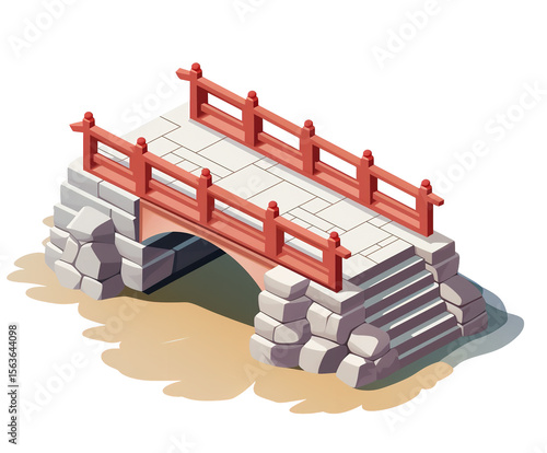 isometric red bridge over water, stone steps clip art preview