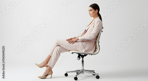 Wallpaper Mural Professional Woman in Elegant Light Suit Sitting Sideways on Modern Office Chair Against Clean White Studio Background, Exuding Calm Focus Torontodigital.ca