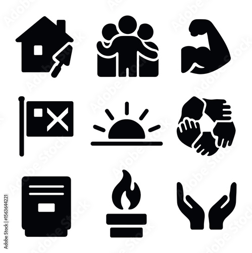 Cultural Resilience Icons. Solid, filled icons set of documenting cultural resilience: rebuilding house,