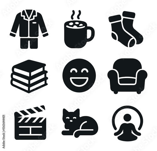 Weekend Relaxation Icons. Solid, filled icons set of weekend relaxation: pajama icon, hot chocolate mug, cozy