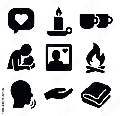 Intimate Evening Icons. Solid, filled icons set of intimate evening talks: heart speech bubble, candle on tray