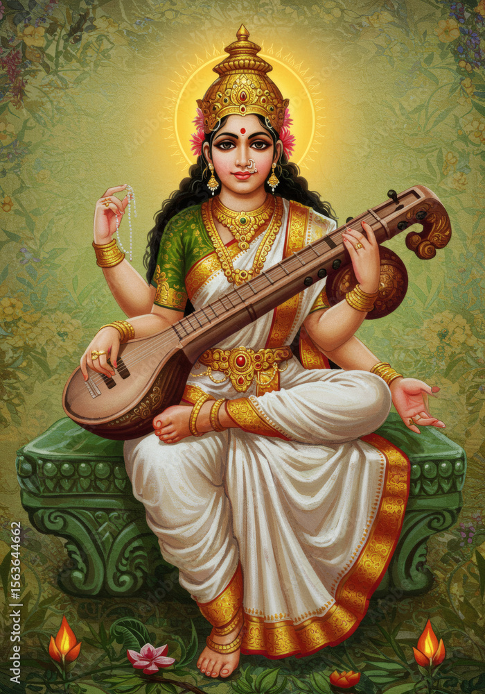 Fototapeta premium Divine Illustration of Goddess Saraswati with Halo