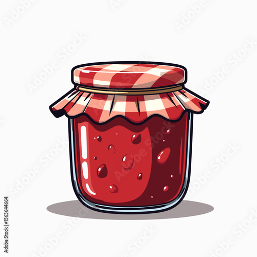 Cartoon Illustration of a Glass Jar Filled with Red Strawberry Jam with Gingham Lid Cover