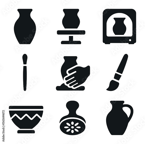 Ceramic Craft Icons. Solid, filled icons set of ceramic and pottery making: clay vase, potter’s wheel,