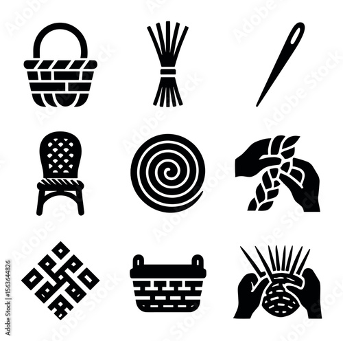 Basketry Icon Collection. Solid, filled icons set of basketry and natural fiber crafts: woven basket, reed