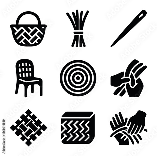 Basketry Icon Collection. Solid, filled icons set of basketry and natural fiber crafts: woven basket, reed