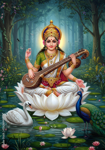 Goddess Saraswati on Lotus with Veena and Swan