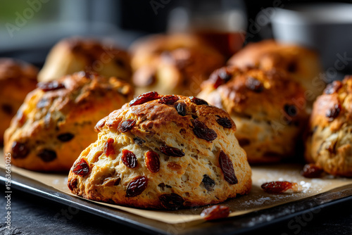 Freshly baked scones with raisins cooling on a tray in a cozy kitchen setting