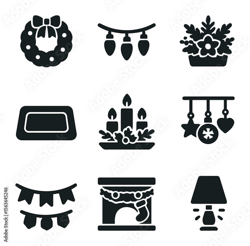 Home Decor Icons. Solid, filled icons set of home decorating traditions: hanging wreath, festive lights,