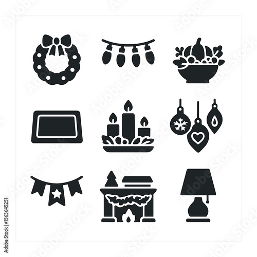 Home Decor Icons. Solid, filled icons set of home decorating traditions: hanging wreath, festive lights,