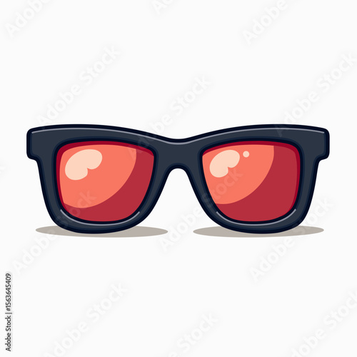 Cartoon Illustration of Stylish Black Framed Sunglasses with Red Lenses on a White Background