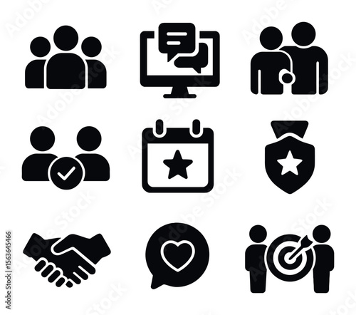 Community Support Icons. Solid, filled icons set of community and support networks: group of people, online