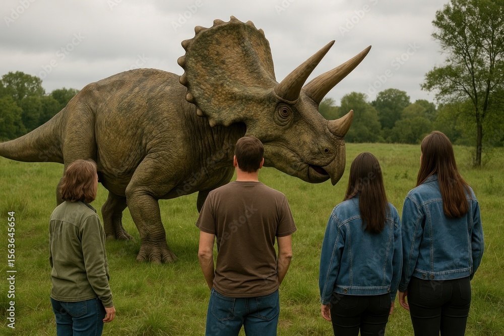 Fototapeta premium People encounter lifelike triceratops.