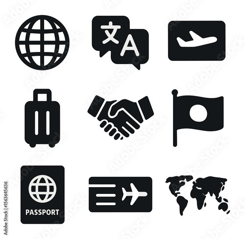 International Business Icons. Solid, filled icons set of international business networking: globe icon,