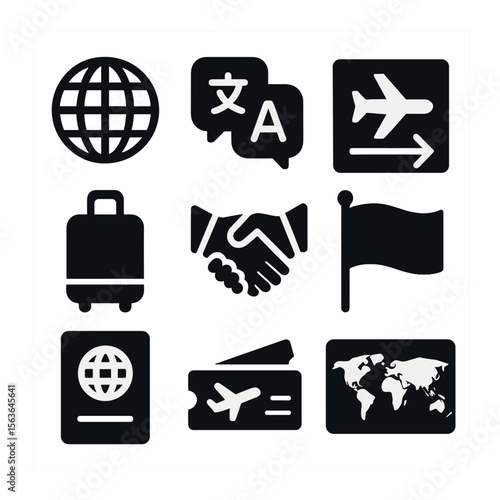 International Business Icons. Solid, filled icons set of international business networking: globe icon,