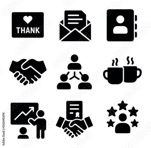 Networking Icons Grid. Solid, filled icons set of follow-up and relationship building: thank you note,