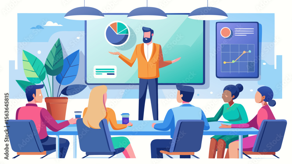 Business leader presenting strategy on large s illustration for modern business and teamwork Business leader presenting strategy on large s illustration for modern business and teamwork