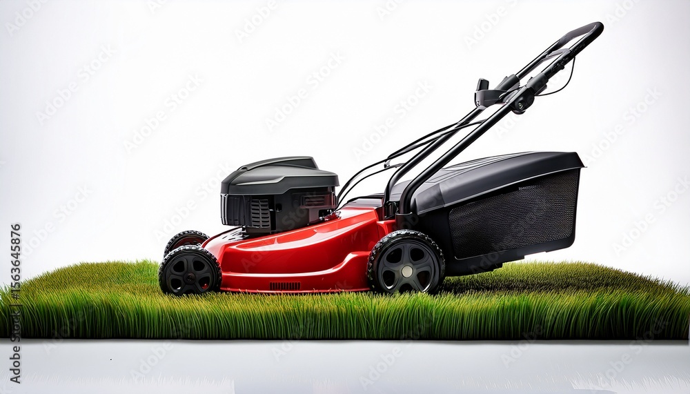 Fototapeta premium a red and black lawn mower designed for cutting grass efficiently on white background