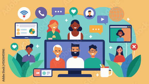 Online video conference with multicultural tea illustration for modern business and teamwork