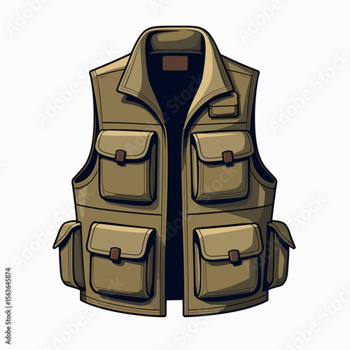 Illustration of a Khaki Fishing Vest with Multiple Pockets for Outdoor Activities and Gear Storage