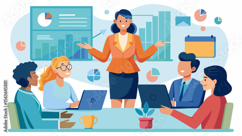 Confident businesswoman leading presentation t illustration for modern business and teamwork