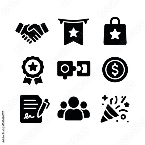 Event Sponsorship Icons. Solid, filled icons set of event sponsorship deals: sponsor handshake, event banner,